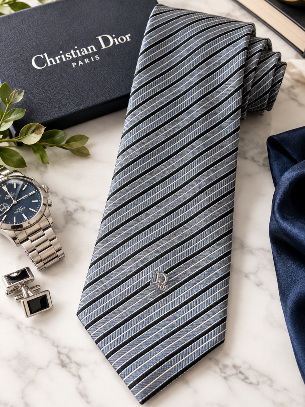 Vintage Christian Dior Men’s Tie Blue Black Striped Silk Blend Designer
